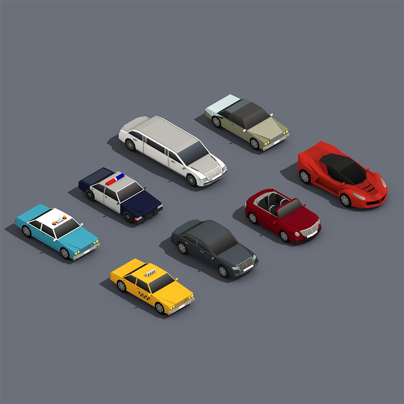 10辆低多边形汽车C4D模型创意场景3D模型素材