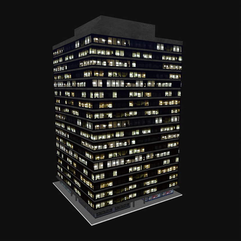 3款夜间摩天大楼办公楼写字楼C4D模型夜景fbx楼层3d城市建筑