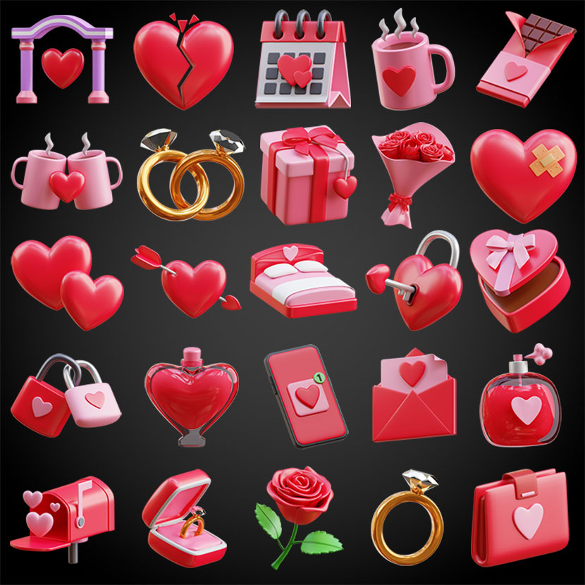 25款blend时尚情人节3D图标C4D模型爱心锁香氛礼盒玫瑰钻戒信