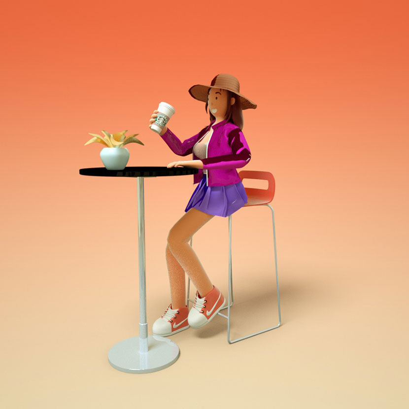 6套oc时尚卡通人物场景c4d模型音乐女性购物玩滑板办公设计师