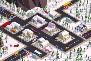 低多边形LOWPOLY冬季圣诞节小镇城市街道场景C4D模型设计素