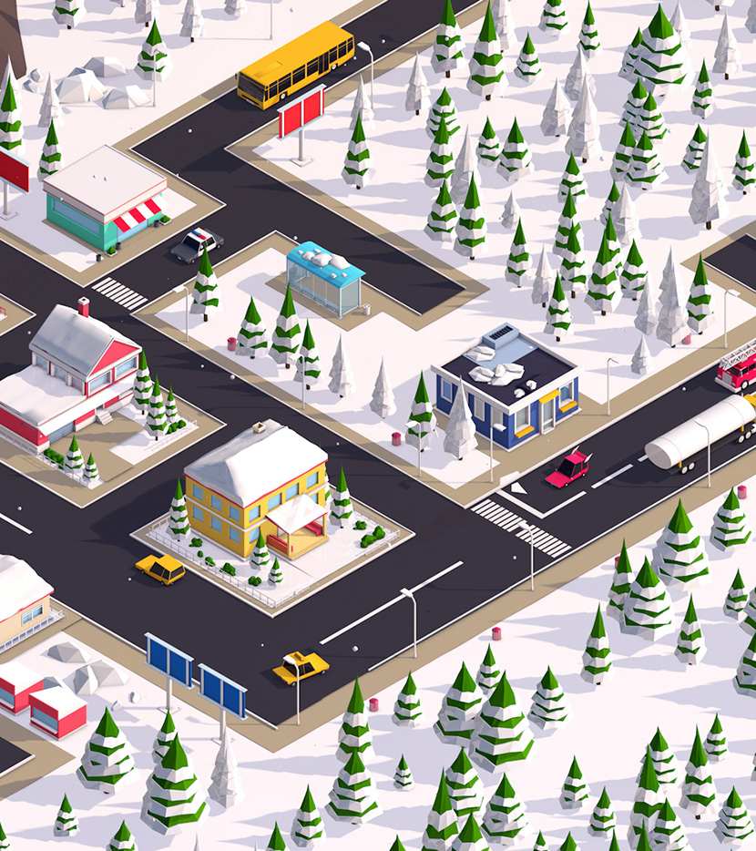 低多边形LOWPOLY冬季圣诞节小镇城市街道场景C4D模型设计素