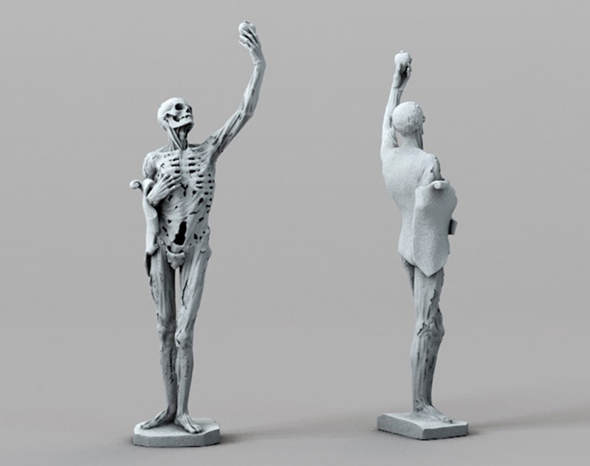 手举心的骷髅雕塑C4D模型创意场景3D模型素材石膏雕像