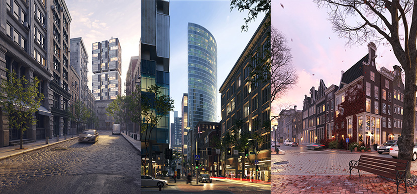 10个完整城市建筑场景3Dmax模型合集办公楼购物中心公园街角