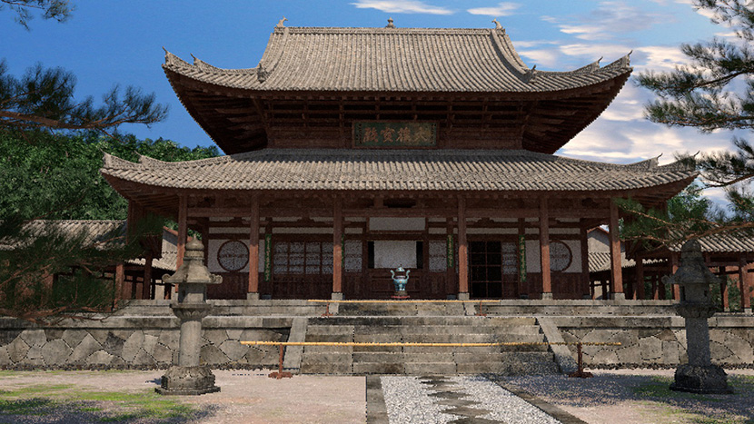 C4D中式古寺庙大雄宝殿obj建筑3d模型fbx素材古代中国风场景