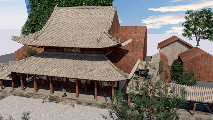 C4D中式古寺庙大雄宝殿obj建筑3d模型fbx素材古代中国风场景