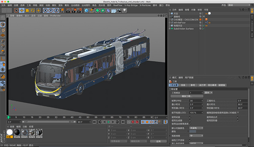 C4D城市公交车电动混合动力无轨电车模型创意场景3D模型素材