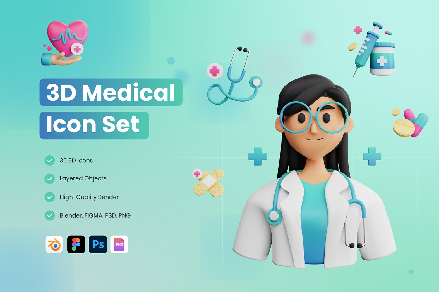 30款趣味卡通3D医疗健康医院体检诊断医生插图Blend插画png免抠图片 30 3D Medical and Healthcare Icon SetYC209