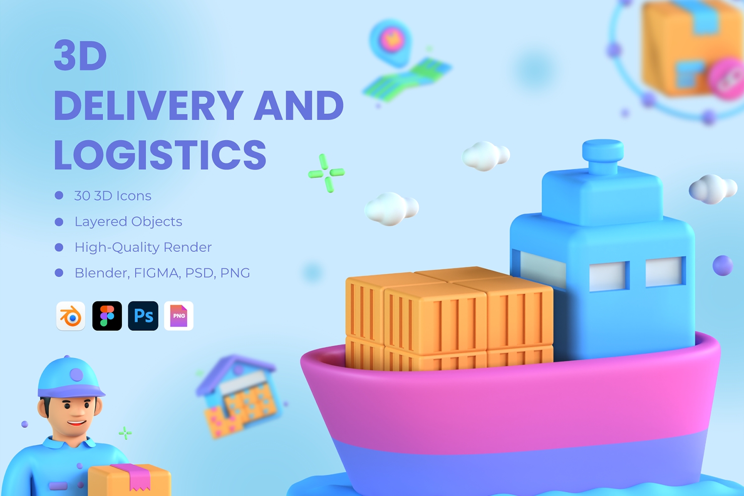 30款卡通航运物流网页PNG免抠图标Bledn模型素材 30 3D Shipping Logistics IconsYC210