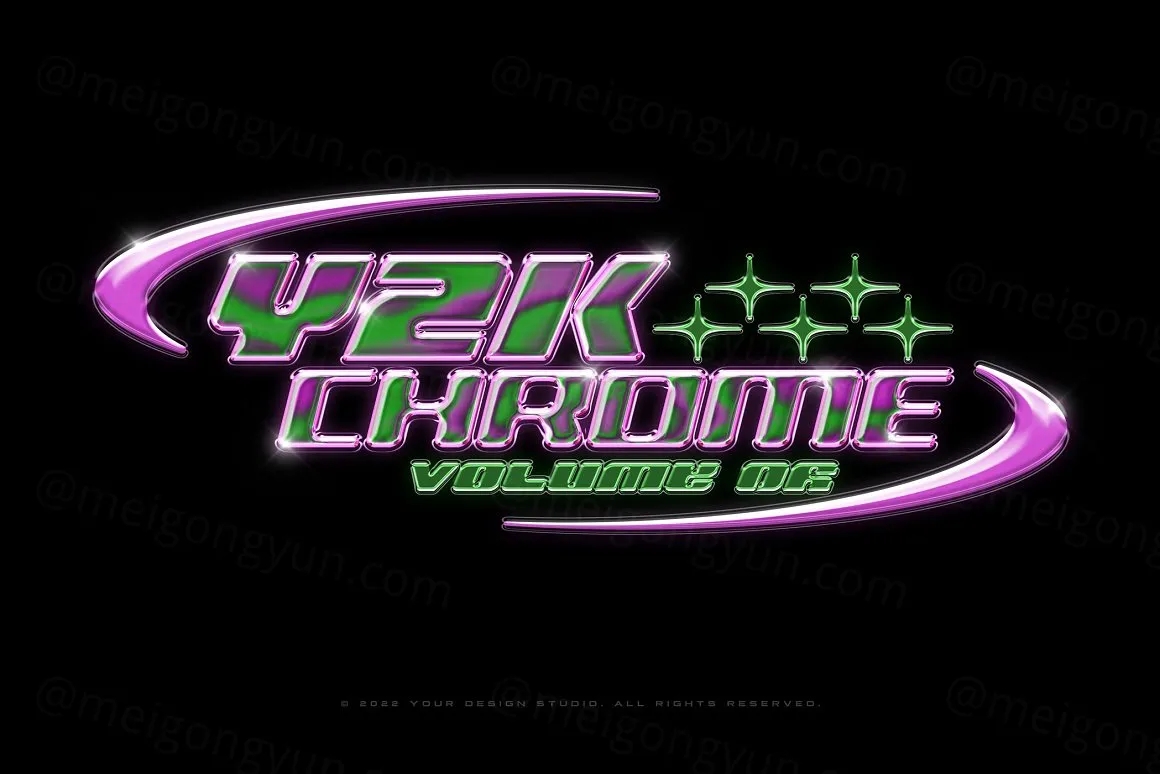 高质量复古Y2K千禧风酸性艺术镀铬金属3D文字特效PSD模板 Y2K Chrome Text EffectsYC230