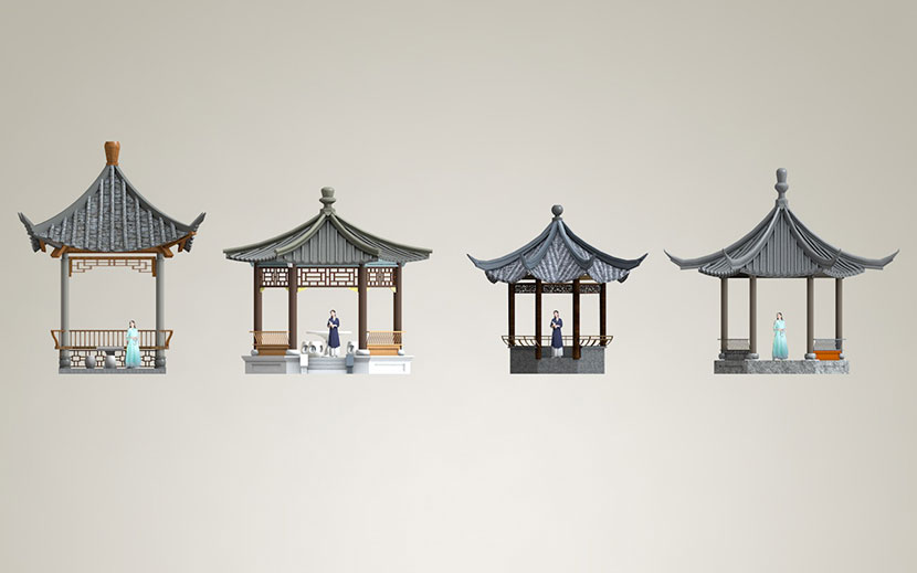 12款复古中式景凉亭园林休闲室外庭院景观植物SU模型C4D素材YC231