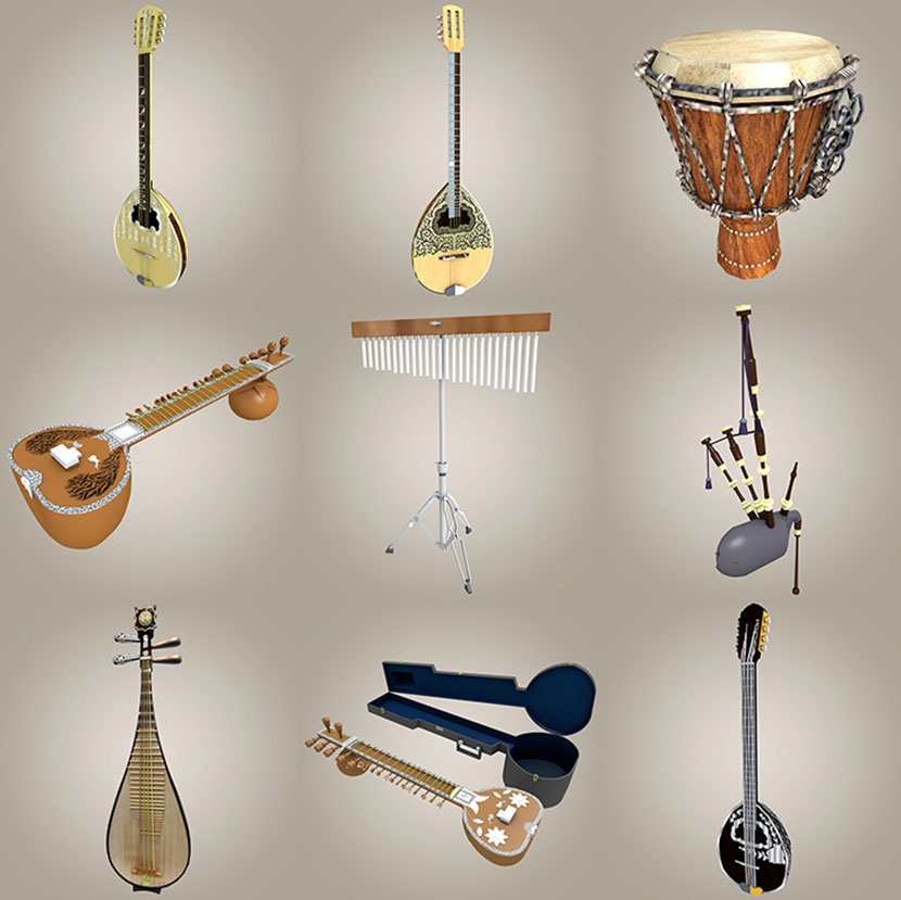 42套中式传统民族乐器琵琶古筝各色鼓青铜鼎琴SU模型C4D素材YC258