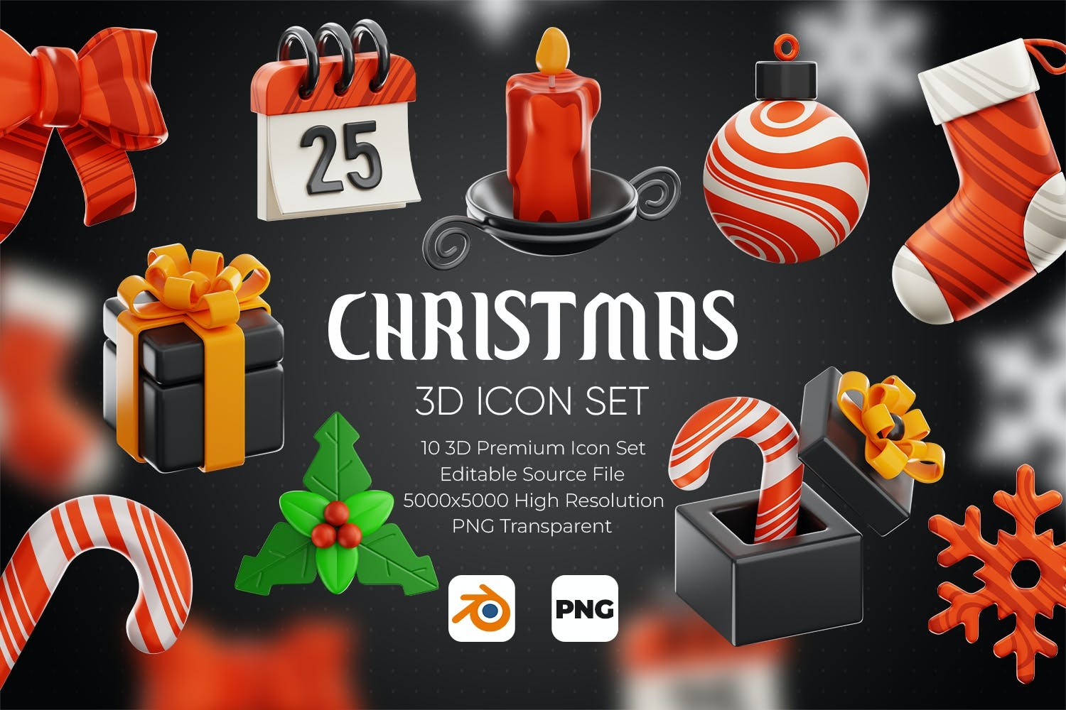 10款圣诞装饰品高清PNG免抠素材Blend模型 Christmas 3D Icon SetYC301