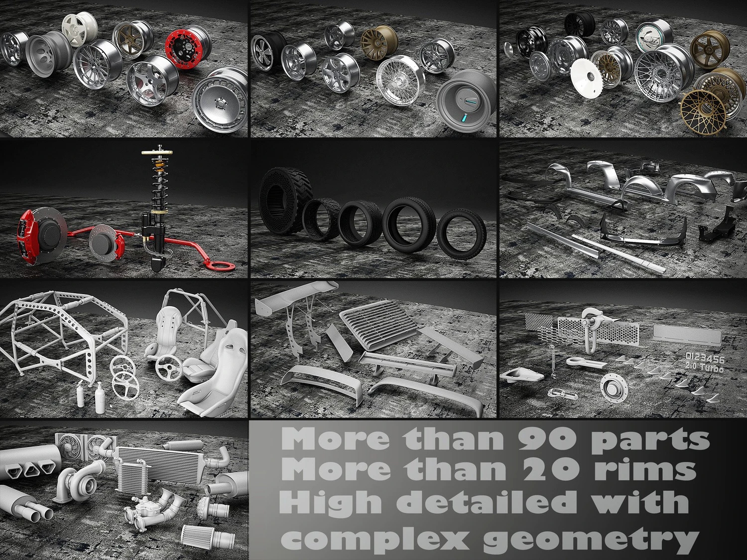 90个汽车组件零件悬架轮胎座椅轮毂轮圈C4D模型obj格式3d素材 Tune Your Car KitYC302