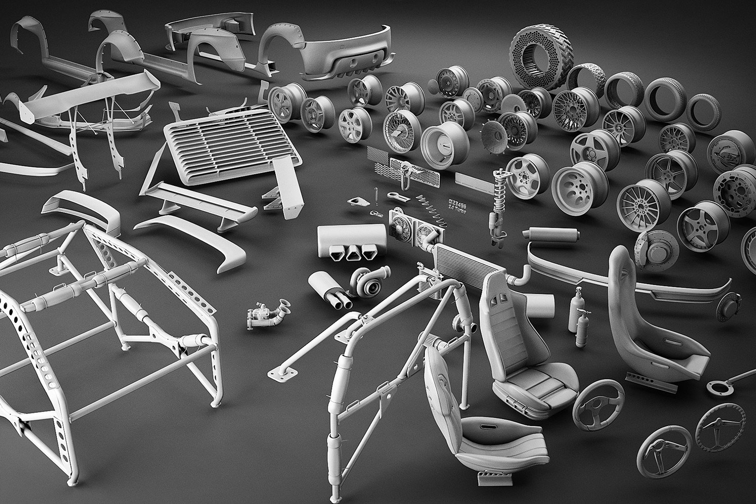 90个汽车组件零件悬架轮胎座椅轮毂轮圈C4D模型obj格式3d素材 Tune Your Car KitYC302