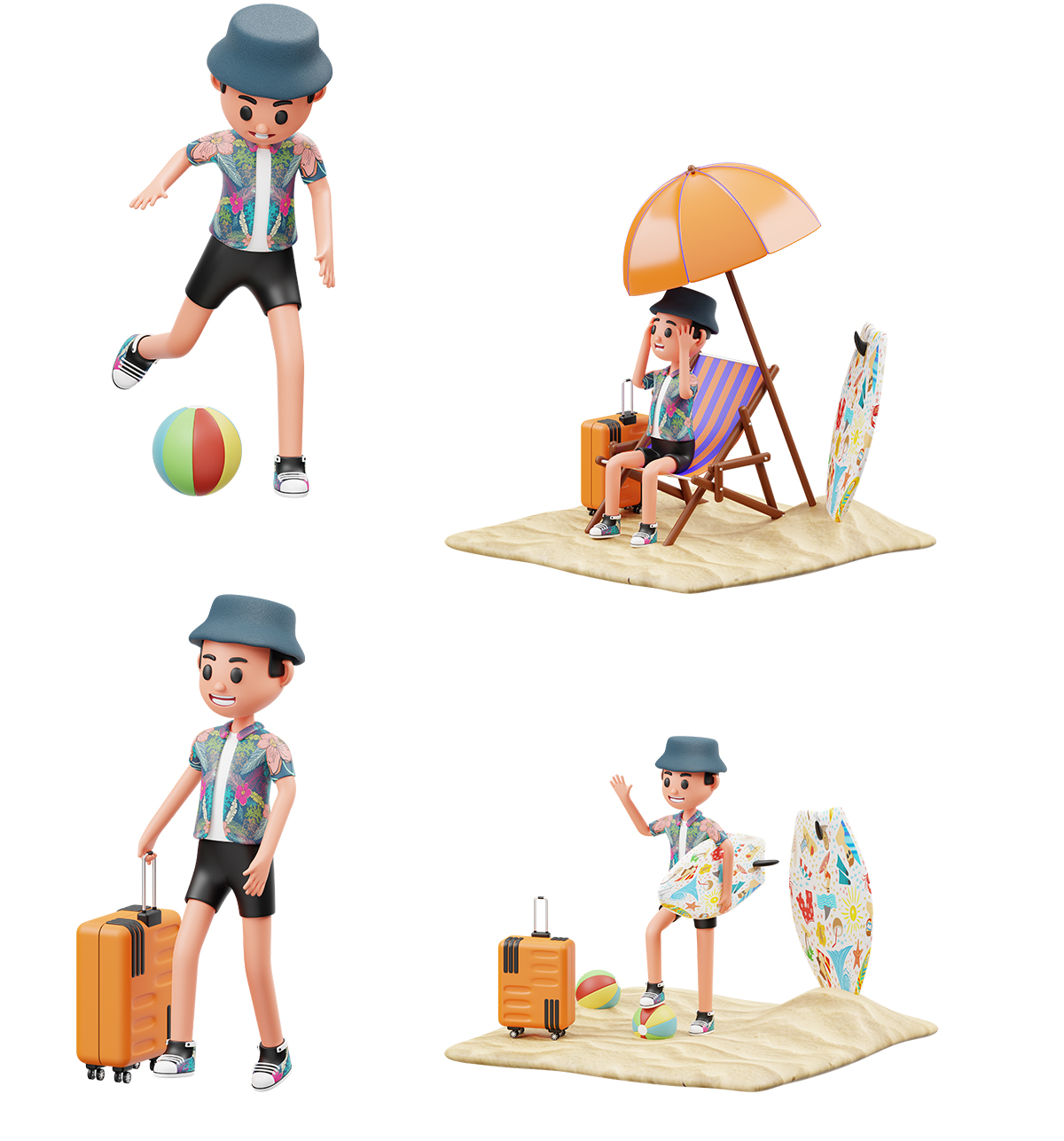 卡通男孩度假 IP人物夏季度假旅游3D模型YC320